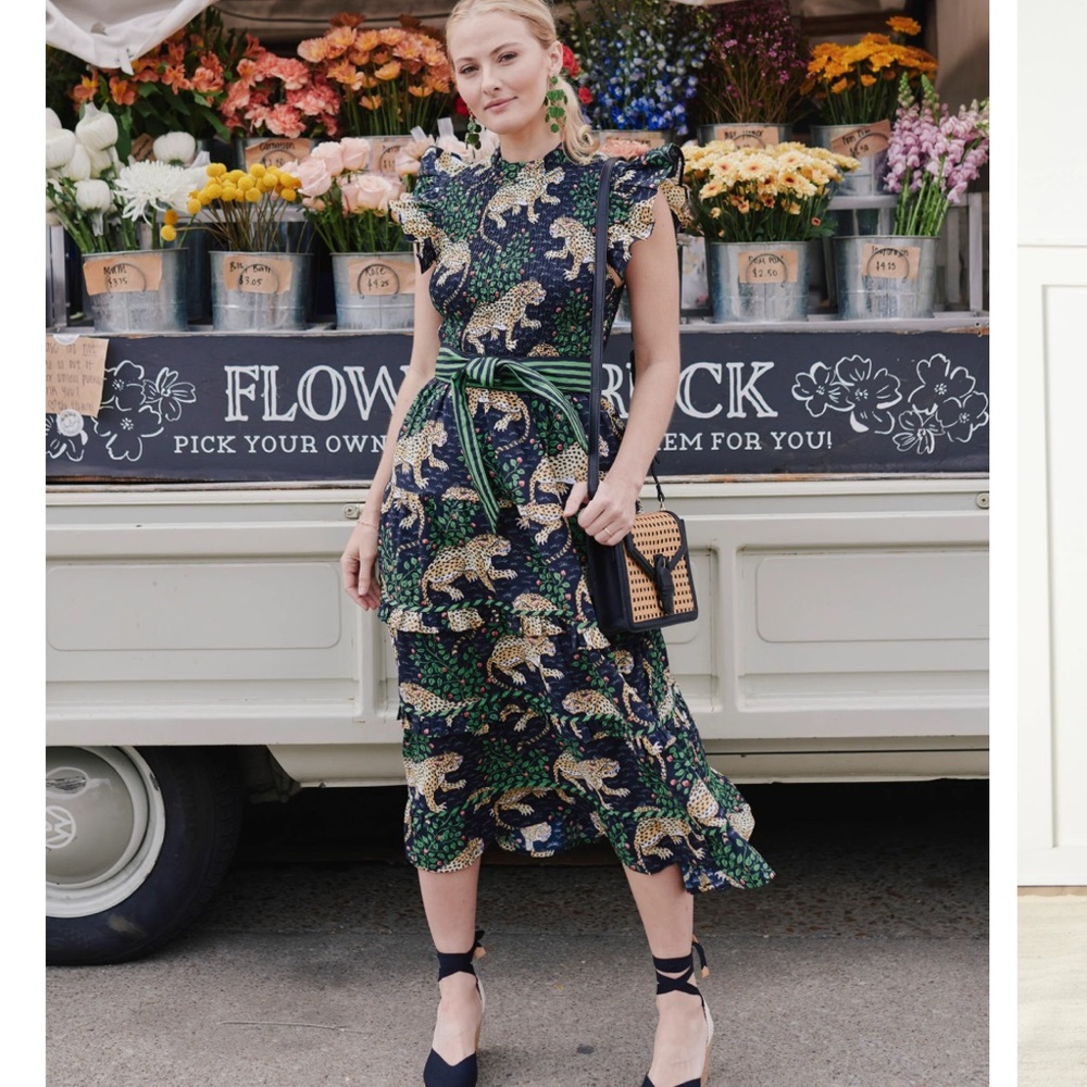 Printfresh Navy Green Leopard-Print Ruffle Midi Dress